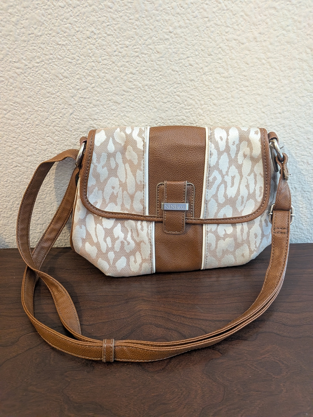 Nine And Co. Cream and Brown Animal-Print Crossbody Bag